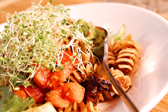 Pasta with Sundried Tomato Pesto and Sprouts