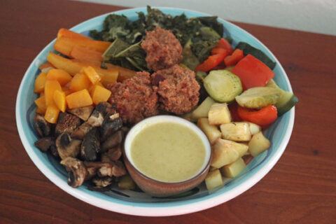 Roasted Veggie Bowls with Buckwheat Bites and Coconut Curry Dip