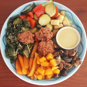 Roasted Veggie Bowls with Buckwheat Bites and Coconut Curry Dip